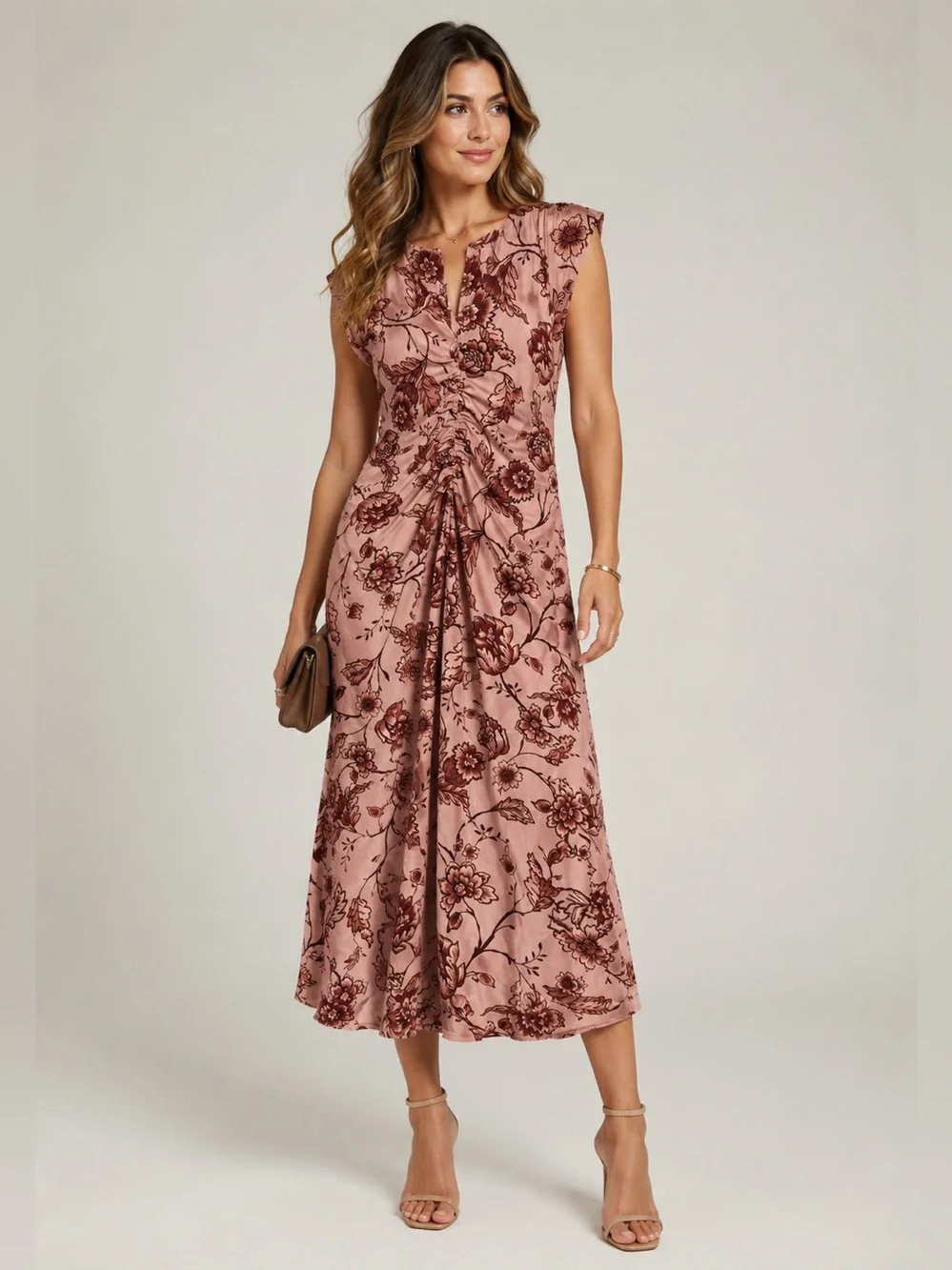 NWT Steve Madden Floral Midi Dress Pink Ruched Front V-Neck CapSleeve Size M $99